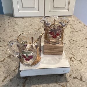 Vintage LG Wright Cherry & Fan Glass Open Sugar & Creamer Set